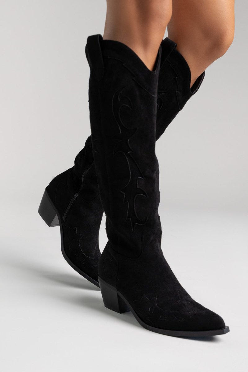 Cowboy Block Heel Boots - Black Suede - thefashionproject.gr - Ideal shoes