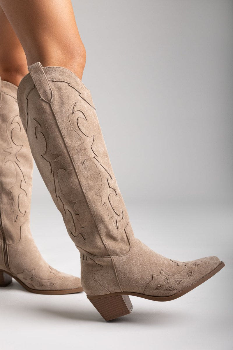 Cowboy Block Heel Boots - Taupe Suede - thefashionproject.gr - Ideal shoes