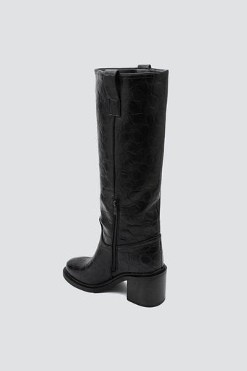 Croc Pattern Boots Block Heel - Black Croc - thefashionproject.gr - Ideal shoes