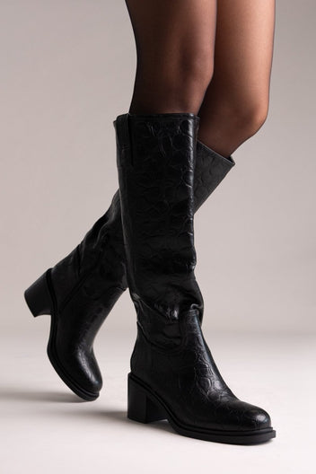 Croc Pattern Boots Block Heel - Black Croc - thefashionproject.gr - Ideal shoes
