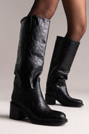 Croc Pattern Boots Block Heel - Black Croc - thefashionproject.gr - Ideal shoes