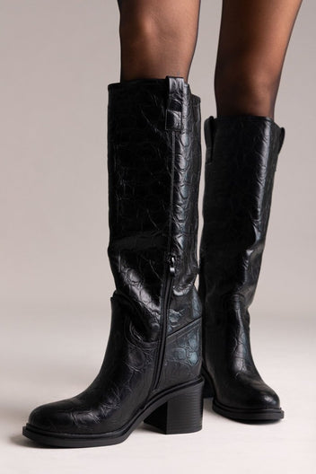 Croc Pattern Boots Block Heel - Black Croc - thefashionproject.gr - Ideal shoes