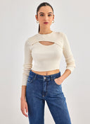 Crop top μακρυμάνικο με cut out ONLY 15267966 - Ζαχαρί - thefashionproject.gr - ONLY