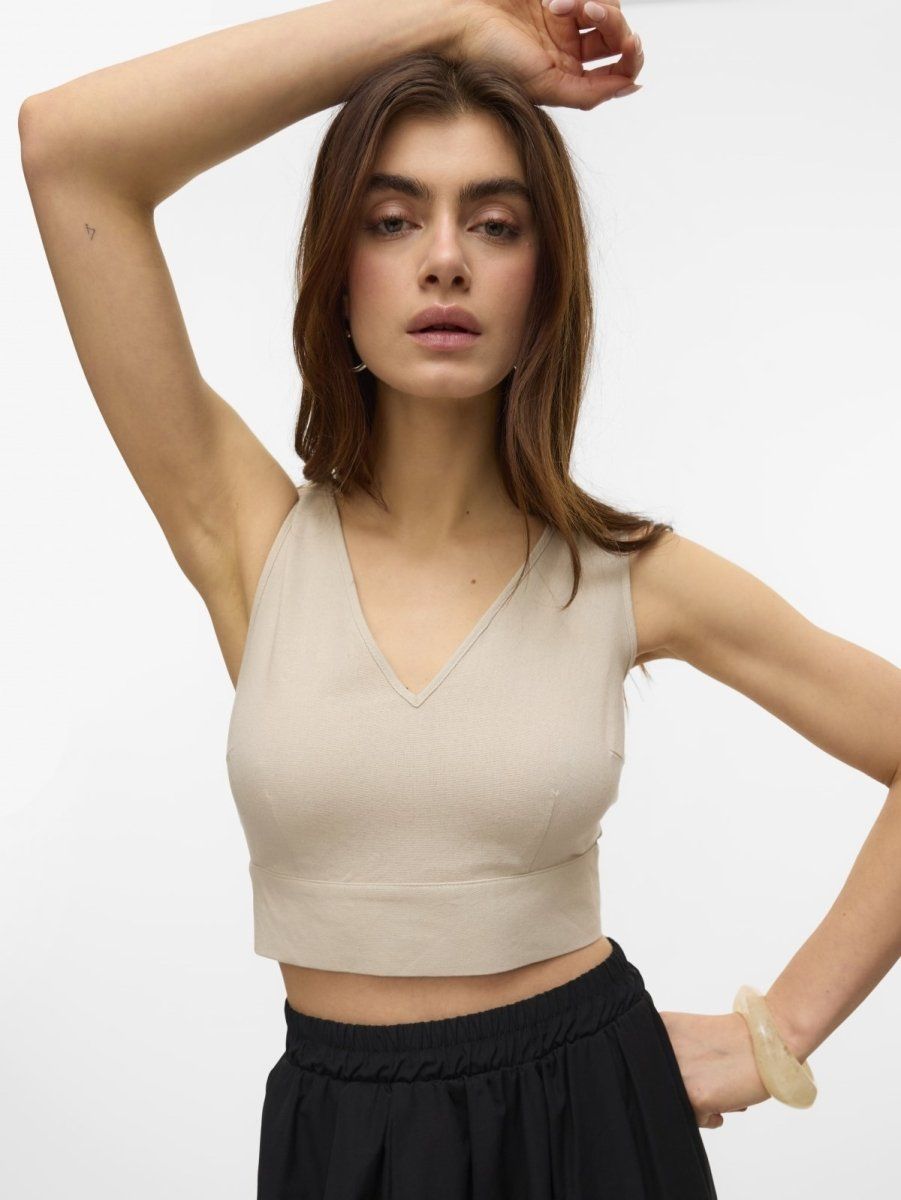 Crop τοπ με δέσιμο στην πλάτη Vero Moda 10321619 - Μπεζ - thefashionproject.gr - VERO MODA