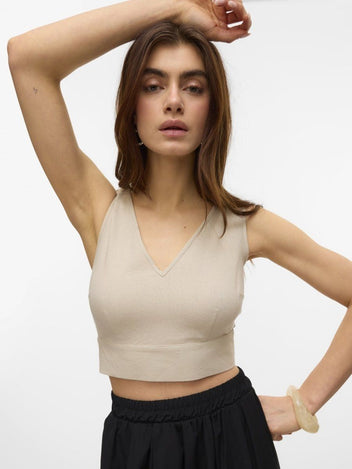 Crop τοπ με δέσιμο στην πλάτη Vero Moda 10321619 - Μπεζ - thefashionproject.gr - VERO MODA