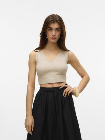 Crop τοπ με δέσιμο στην πλάτη Vero Moda 10321619 - Μπεζ - thefashionproject.gr - VERO MODA