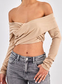 Crop top με κρουαζέ σχέδιο Different Shop 01 - 224 - Μπεζ - thefashionproject.gr - DIFFERENT - SHOP