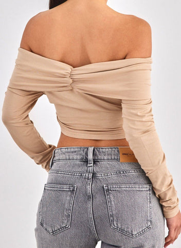 Crop top με κρουαζέ σχέδιο Different Shop 01 - 224 - Μπεζ - thefashionproject.gr - DIFFERENT - SHOP