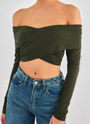 Crop top με κρουαζέ σχέδιο Different Shop 01 - 224 - Χακί - thefashionproject.gr - DIFFERENT - SHOP