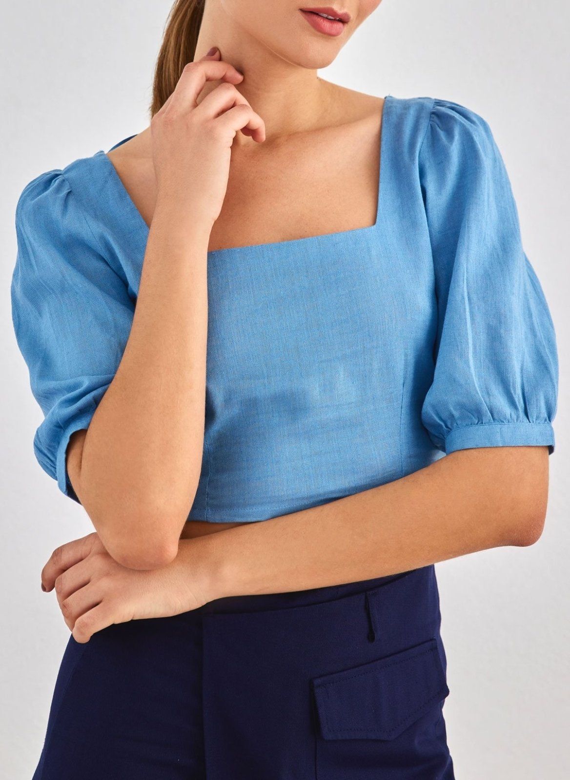 Crop top με λινό ONLY 15314288 - Γαλάζιο - thefashionproject.gr - ONLY