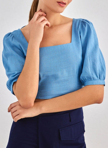 Crop top με λινό ONLY 15314288 - Γαλάζιο - thefashionproject.gr - ONLY