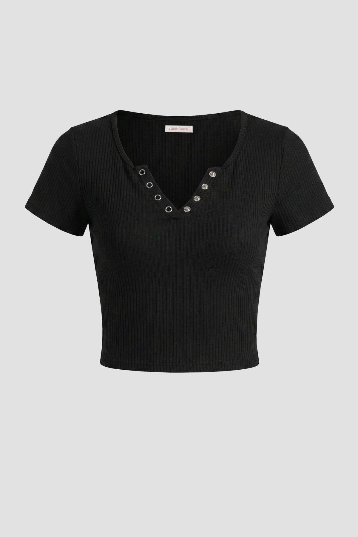 The Fashion Project - Cropped Ribbed Top V Neck - Black