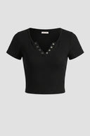 The Fashion Project - Cropped Ribbed Top V Neck - Black