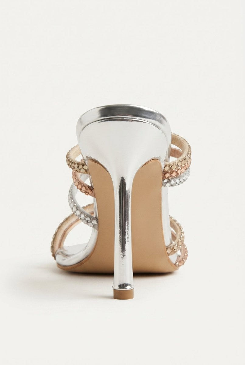 IRIS - Crystal Strap Mules Slim Heel - Silver Strass