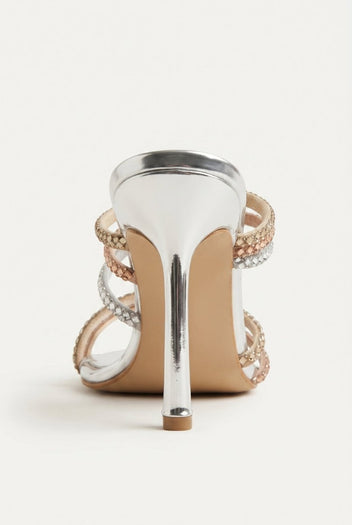 IRIS - Crystal Strap Mules Slim Heel - Silver Strass