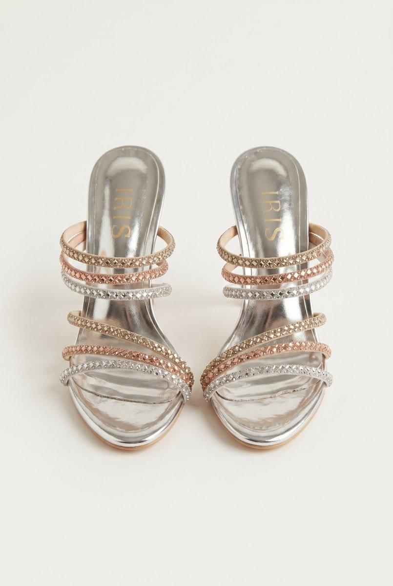 IRIS - Crystal Strap Mules Slim Heel - Silver Strass