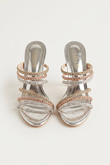 IRIS - Crystal Strap Mules Slim Heel - Silver Strass