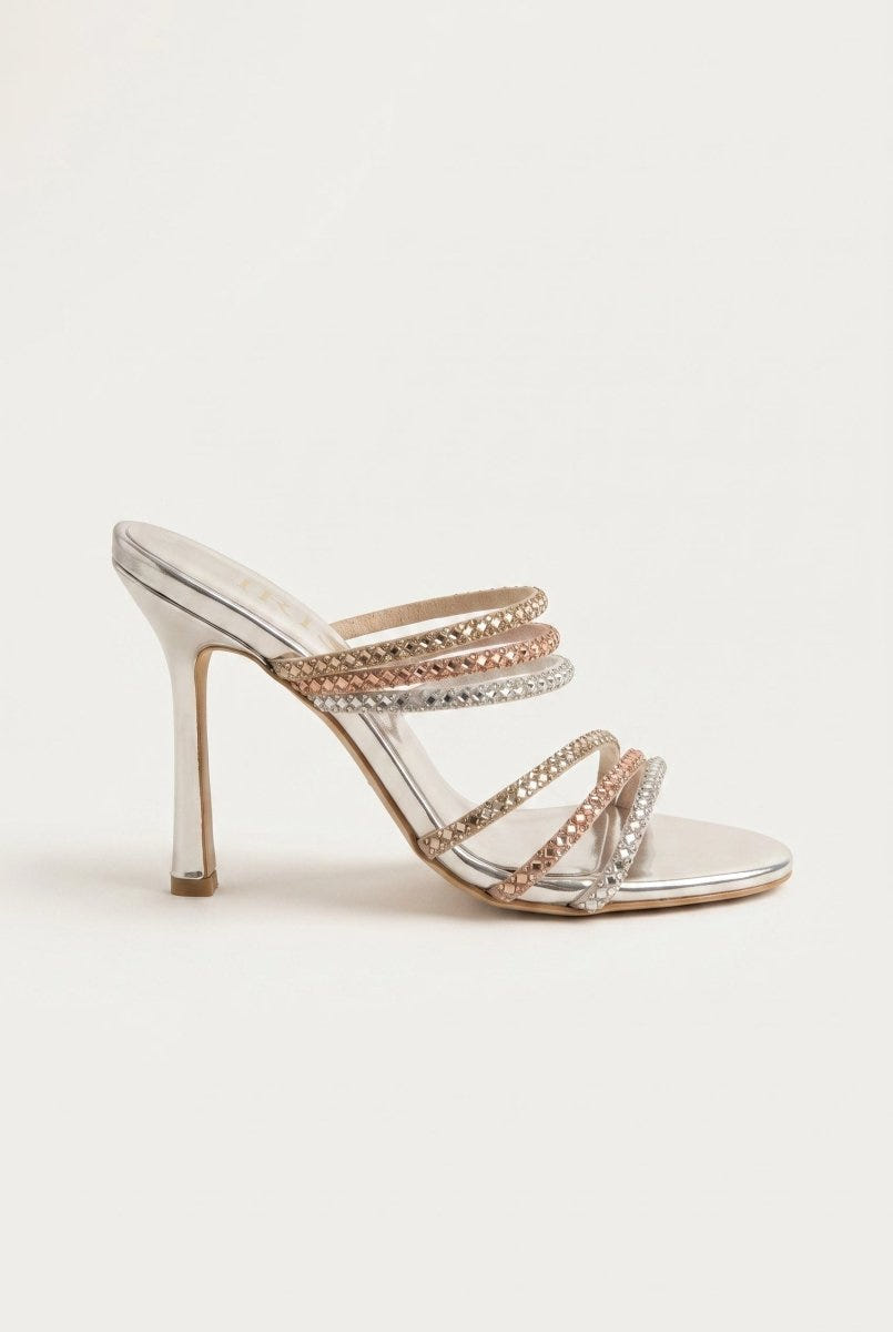 IRIS - Crystal Strap Mules Slim Heel - Silver Strass