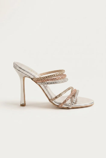 IRIS - Crystal Strap Mules Slim Heel - Silver Strass