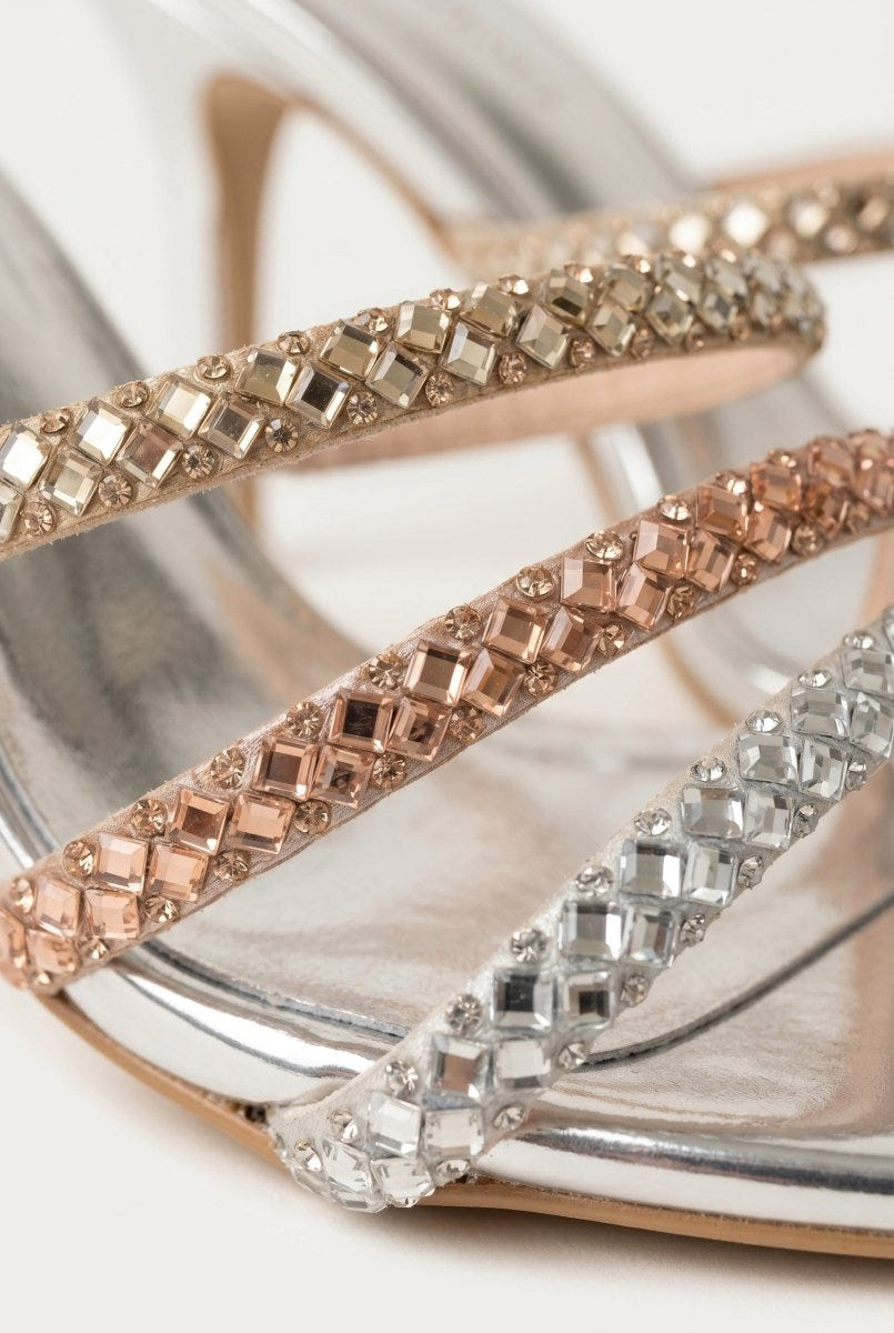 IRIS - Crystal Strap Mules Slim Heel - Silver Strass