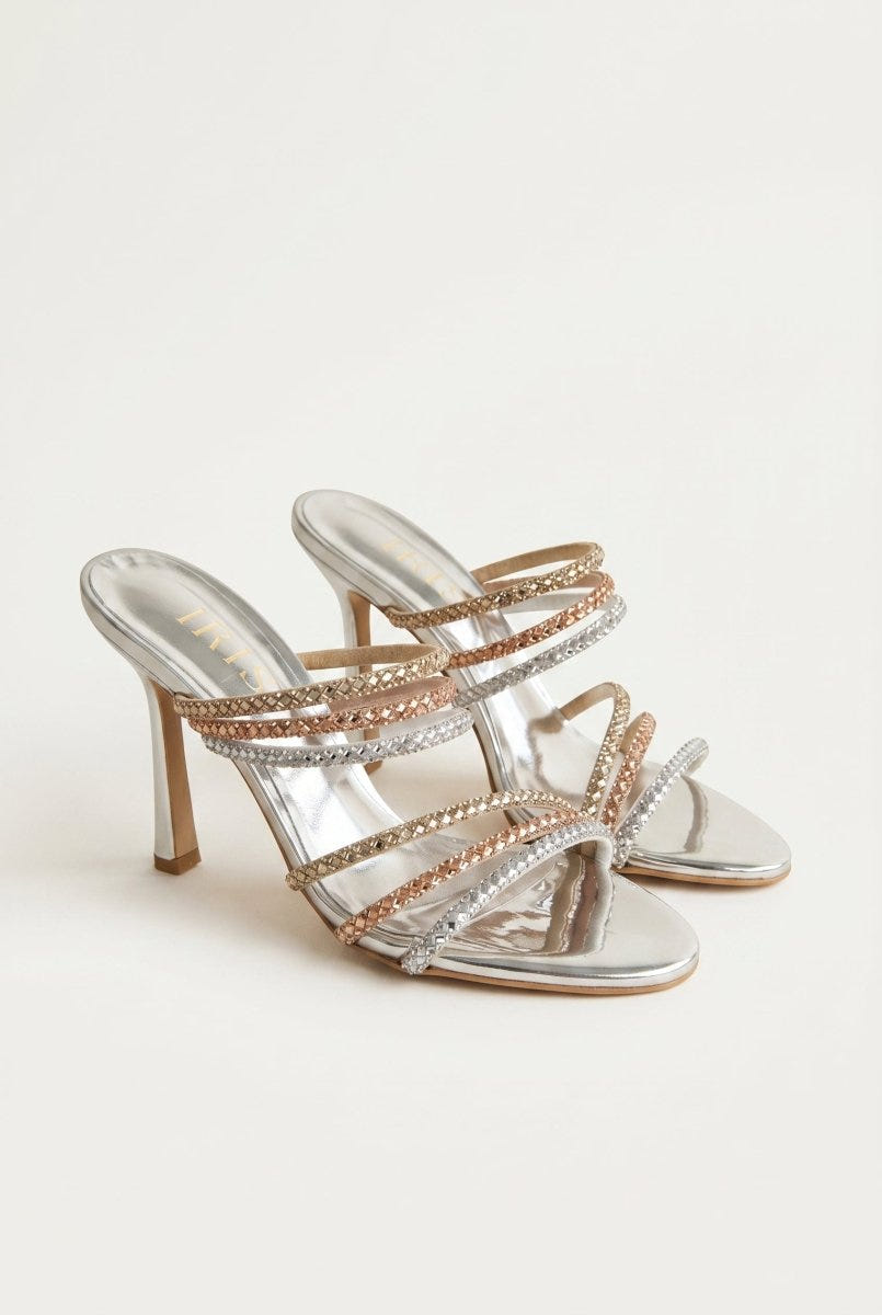 IRIS - Crystal Strap Mules Slim Heel - Silver Strass