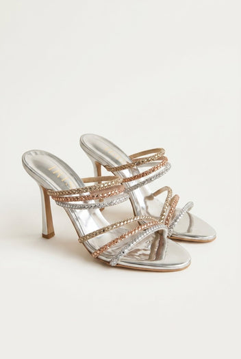 IRIS - Crystal Strap Mules Slim Heel - Silver Strass