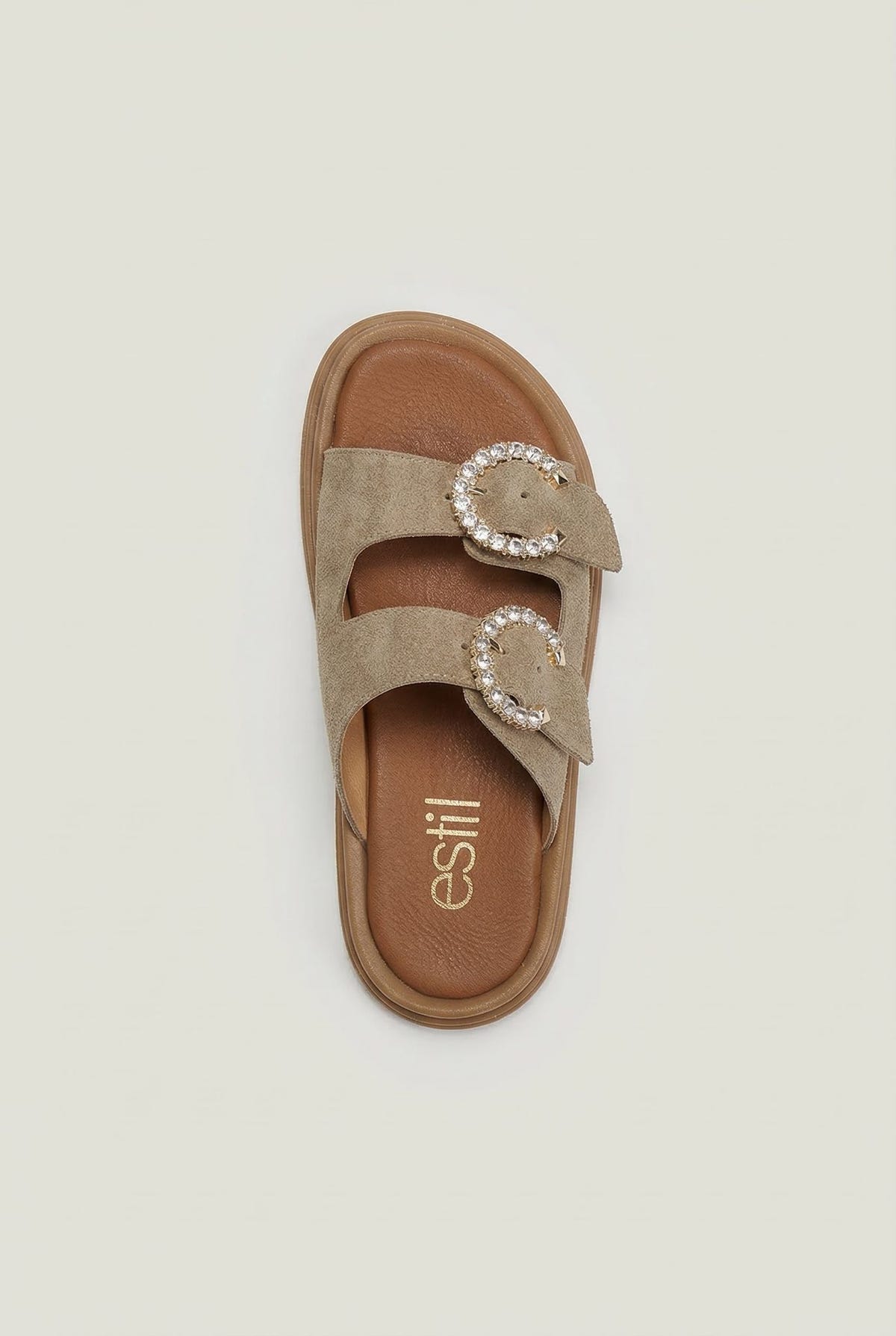 Suede Flatform Sandals with Rhinestones - Taupe-Suede Flatform Sandals with Rhinestones - Taupe