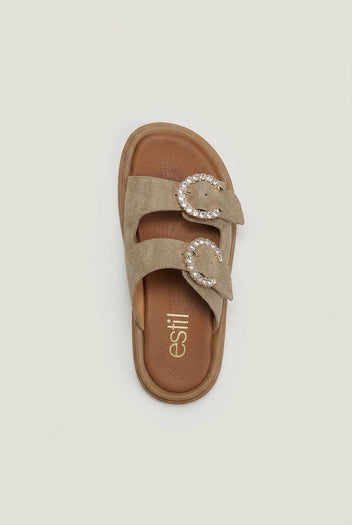 Suede Flatform Sandals with Rhinestones - Taupe-Suede Flatform Sandals with Rhinestones - Taupe
