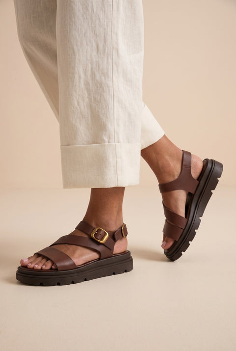 Leather Flatform Sandals Ankle Strap - Brown