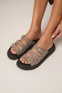 Leather Flatform Sandals Three Straps - Taupe