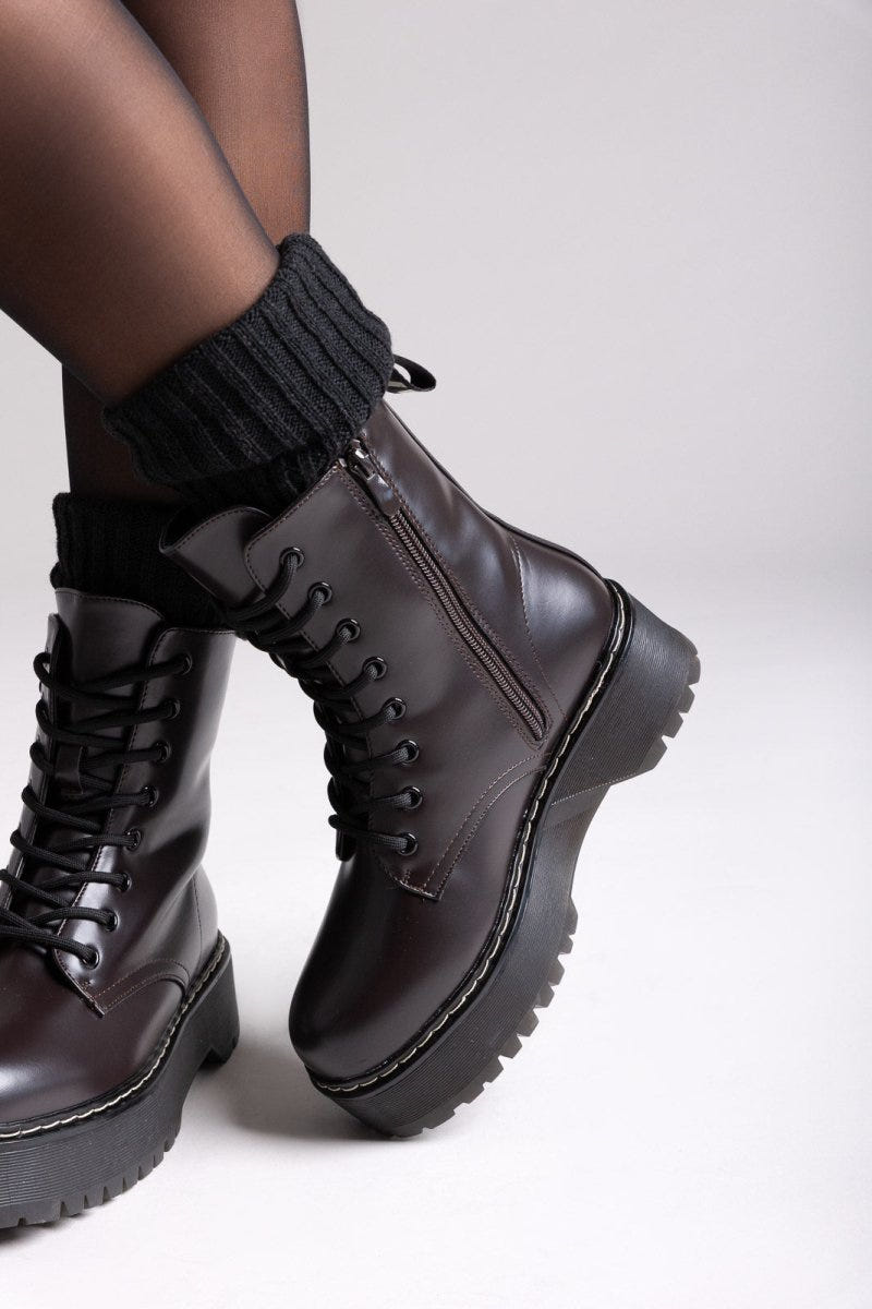 ERYNN Combat Boots with Chunky Sole - Dark Brown Matte - thefashionproject.gr - ERYNN