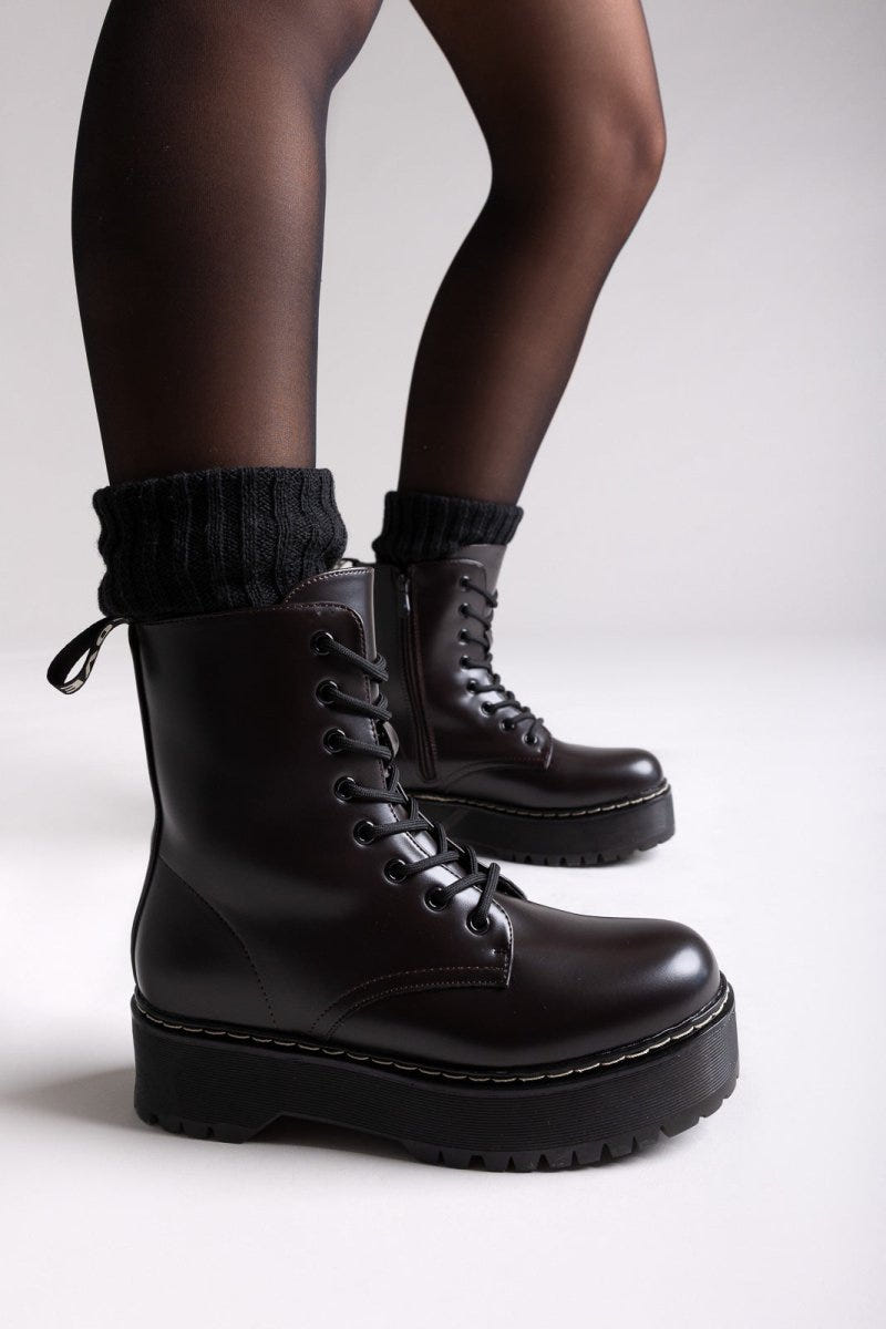 ERYNN Combat Boots with Chunky Sole - Dark Brown Matte - thefashionproject.gr - ERYNN