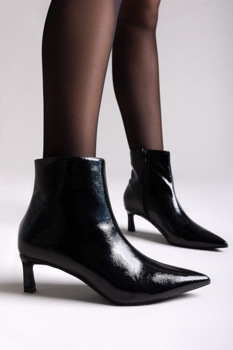 ERYNN Pointed Patent Ankle Boots with Low Heel - Black Crinkled Patent - thefashionproject.gr - ERYNN