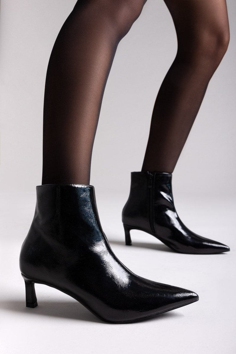 ERYNN Pointed Patent Ankle Boots with Low Heel - Black Crinkled Patent - thefashionproject.gr - ERYNN