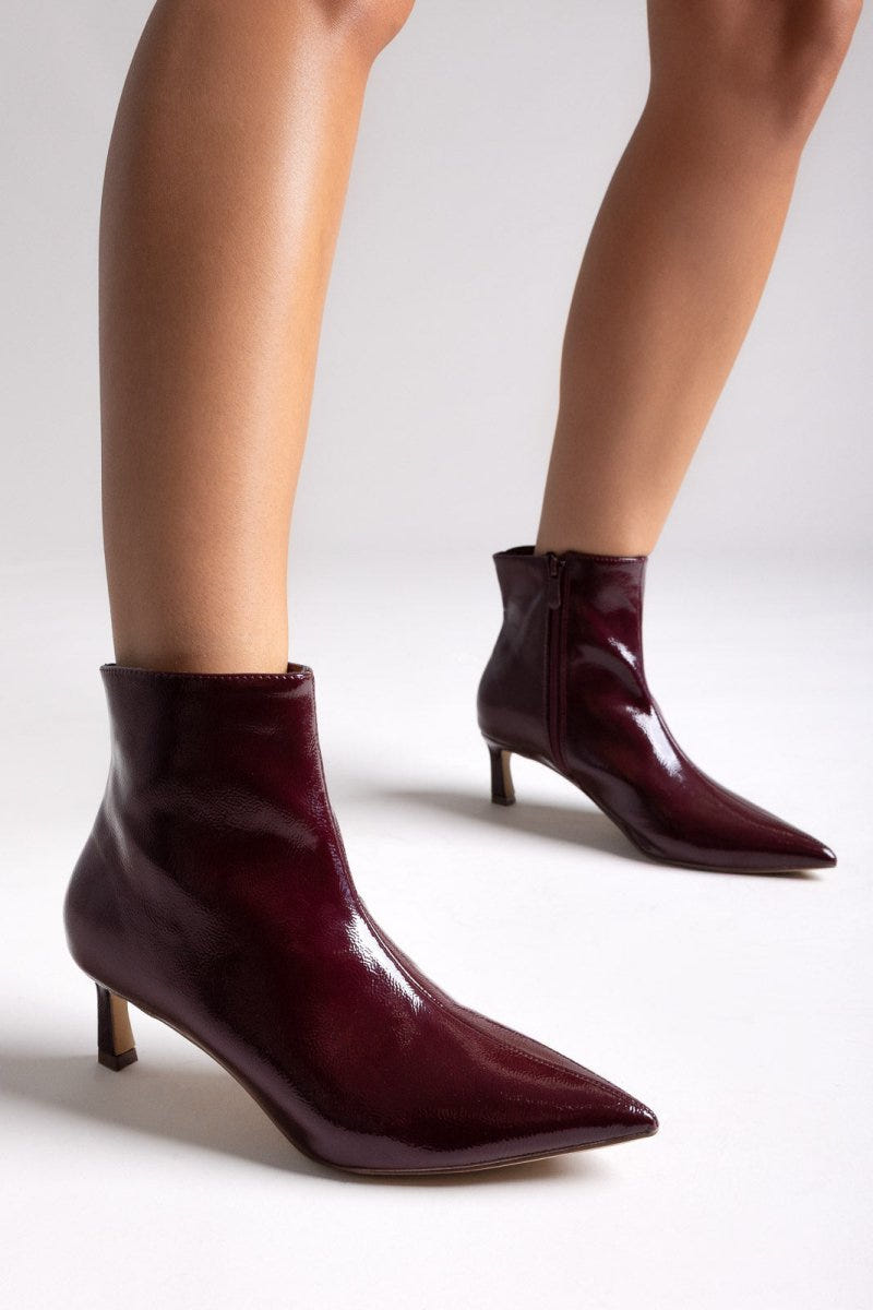 ERYNN Pointed Patent Ankle Boots with Low Heel - Burgundy Crinkled Patent - thefashionproject.gr - ERYNN