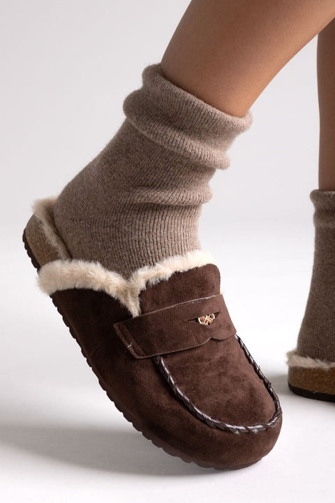 Suede Winter Slippers with Faux Fur - Brown Suede