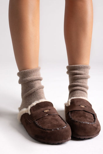 ERYNN Suede Winter Slippers with Faux Fur - Brown Suede - thefashionproject.gr - ERYNN