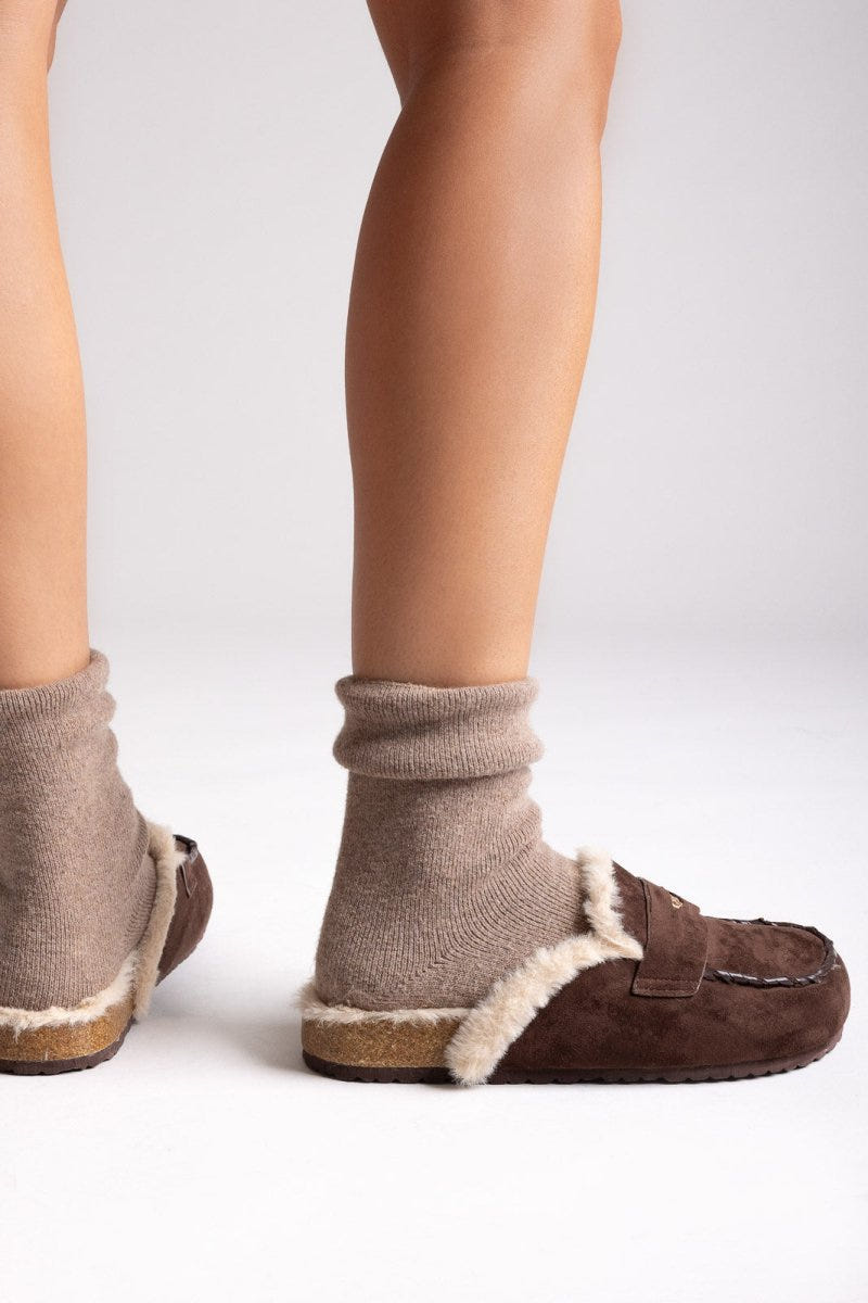 ERYNN Suede Winter Slippers with Faux Fur - Brown Suede - thefashionproject.gr - ERYNN