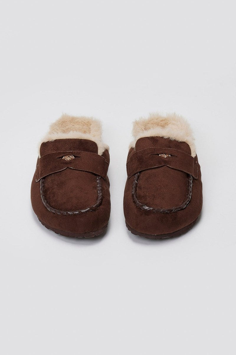 ERYNN Suede Winter Slippers with Faux Fur - Brown Suede - thefashionproject.gr - ERYNN