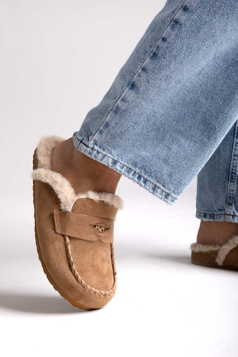 ERYNN Suede Winter Slippers with Faux Fur - Camel Suede - thefashionproject.gr - ERYNN