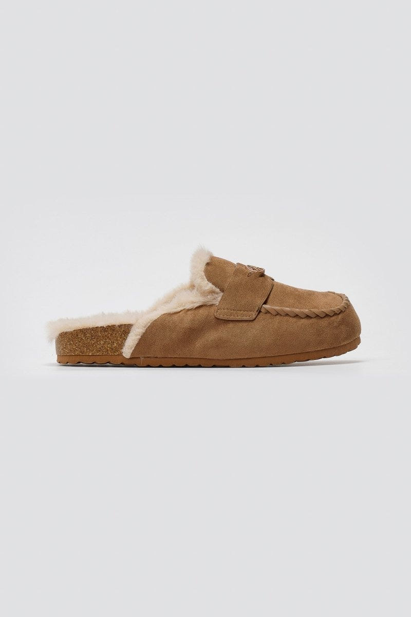 ERYNN Suede Winter Slippers with Faux Fur - Camel Suede - thefashionproject.gr - ERYNN