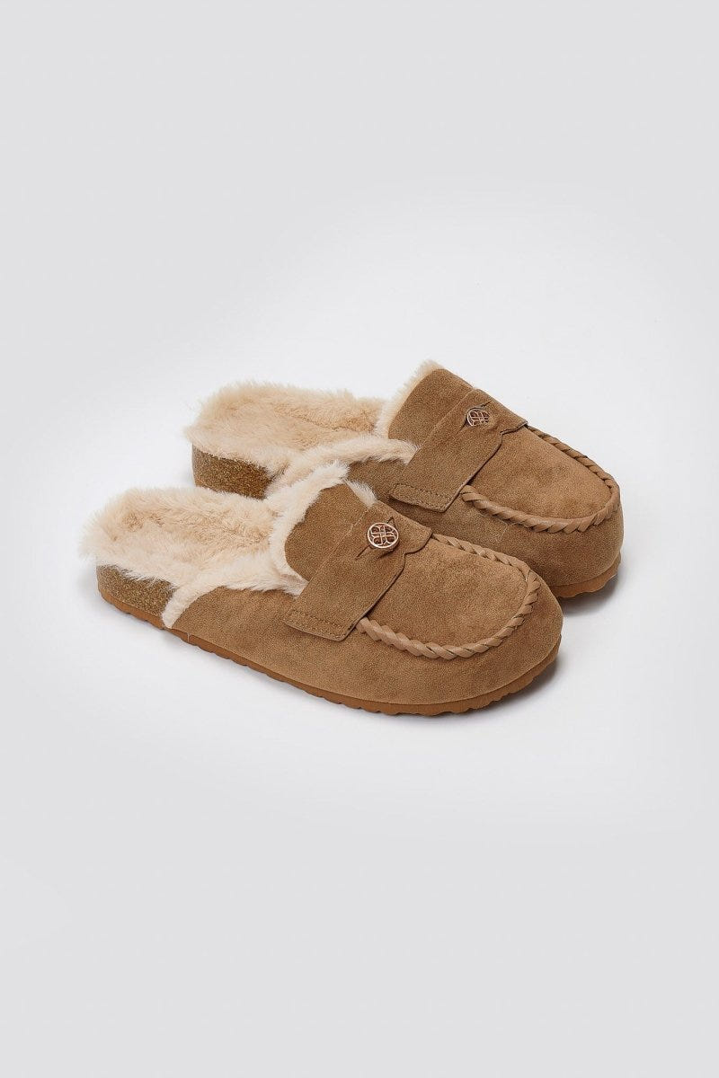ERYNN Suede Winter Slippers with Faux Fur - Camel Suede - thefashionproject.gr - ERYNN