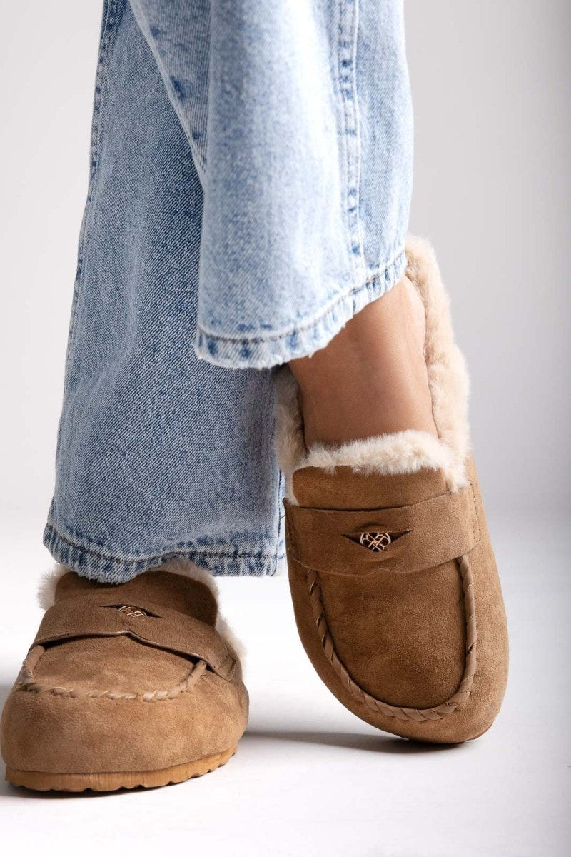 ERYNN Suede Winter Slippers with Faux Fur - Camel Suede - thefashionproject.gr - ERYNN