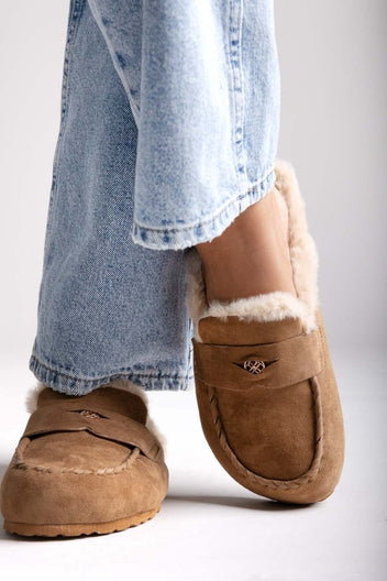ERYNN Suede Winter Slippers with Faux Fur - Camel Suede - thefashionproject.gr - ERYNN