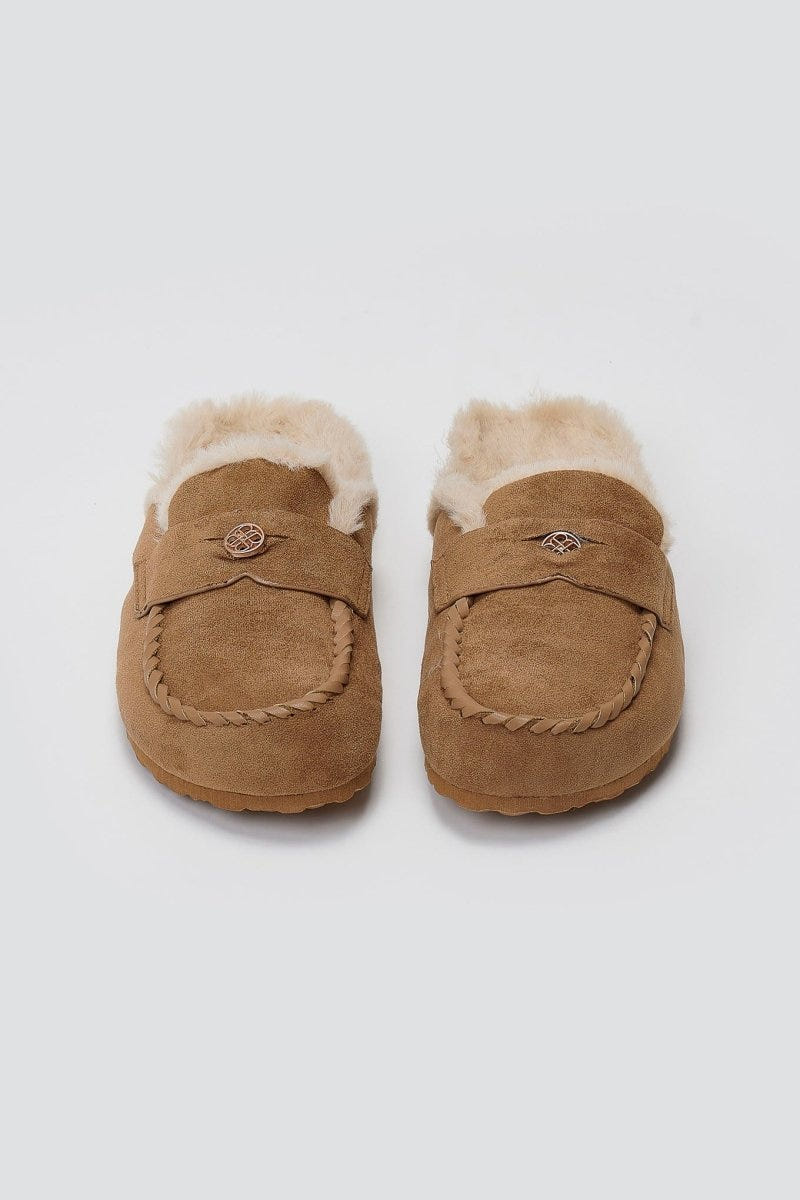 ERYNN Suede Winter Slippers with Faux Fur - Camel Suede - thefashionproject.gr - ERYNN