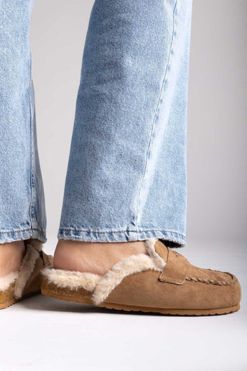 ERYNN Suede Winter Slippers with Faux Fur - Camel Suede - thefashionproject.gr - ERYNN