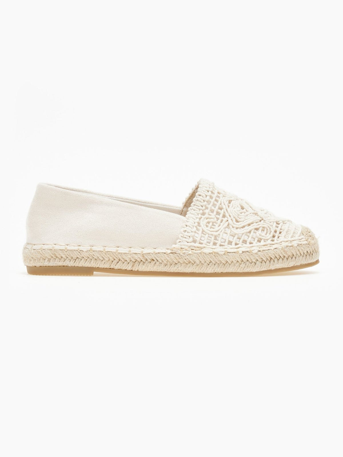 Cream espadrille flat with crochet lace vamp, canvas upper and braided jute sole, side view