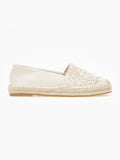 Cream espadrille flat with crochet lace vamp, canvas upper and braided jute sole, side view