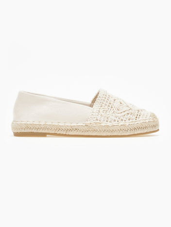 Cream espadrille flat with crochet lace vamp, canvas upper and braided jute sole, side view