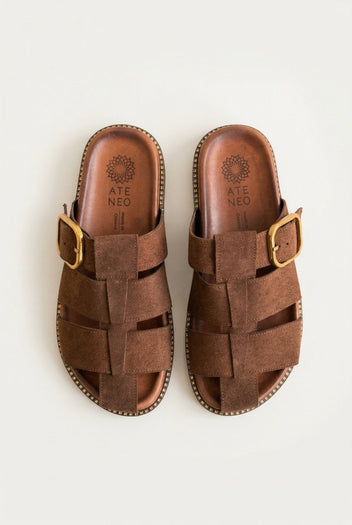 ATENEO - Fisherman Sandals Buckle Detail - Dark Brown Suede